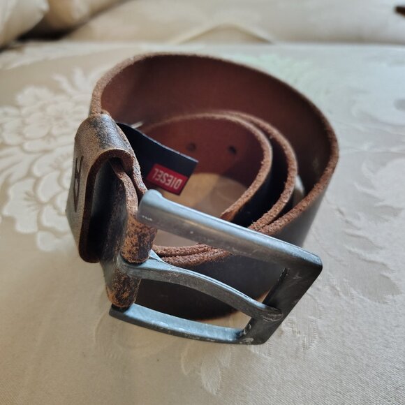 DIESEL Heavy Duty Brass Branded Logo Belt 100% Genuine Leather Made in Italy L - Picture 2 of 11